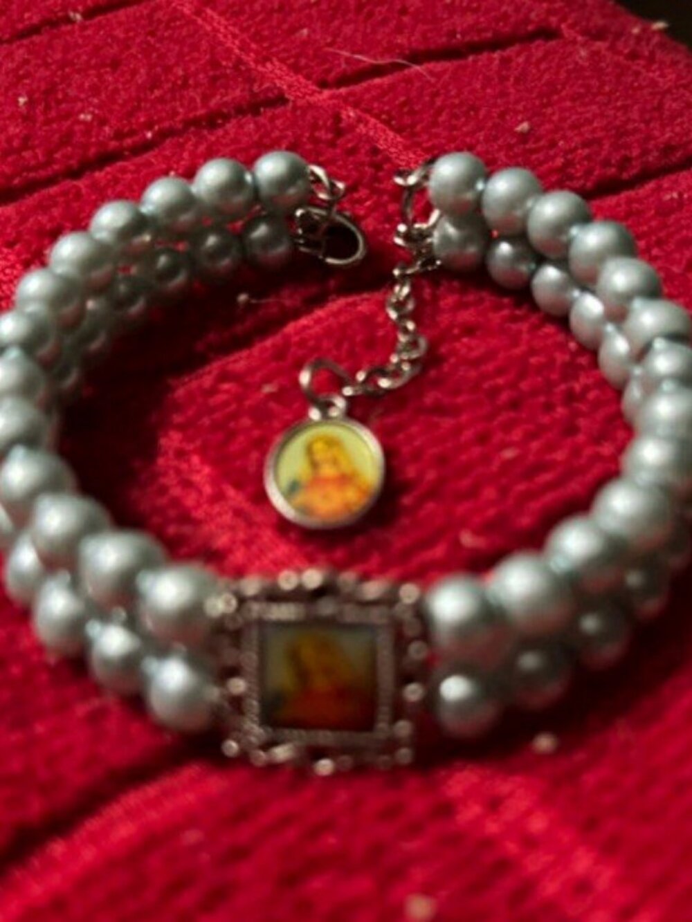 Double Strand Gray Faux Pearl Religious Dangle Charm Bracelet Lobster Clasp